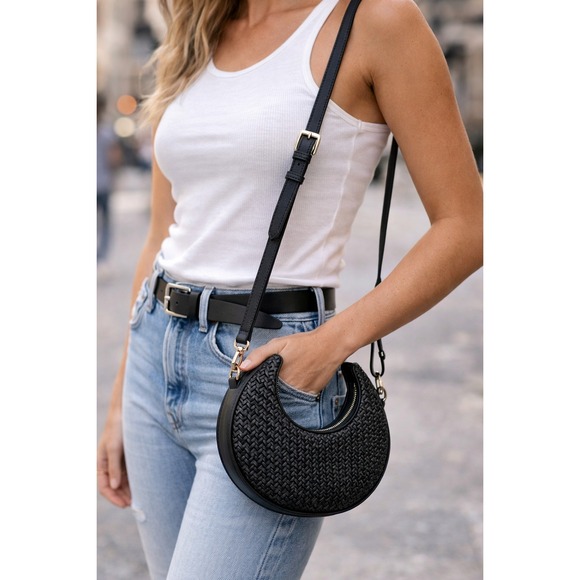 Scoop Handbags - Scoop‎ Black Woven Crescent Crossbody Bag Mini Round Purse Trendy Y2K